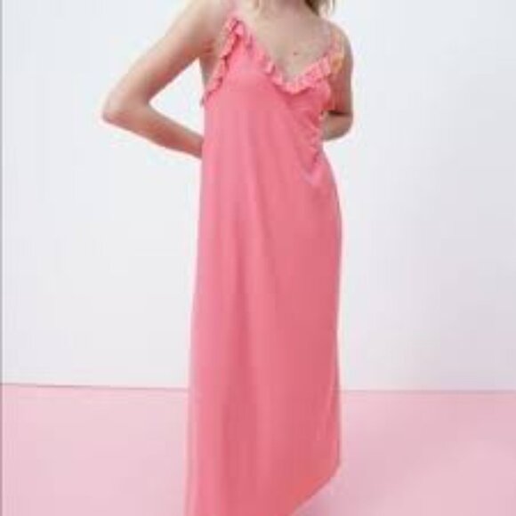 pink zara midi dress with ruffles and adjustable straps size m romantic - Picture 1 of 8